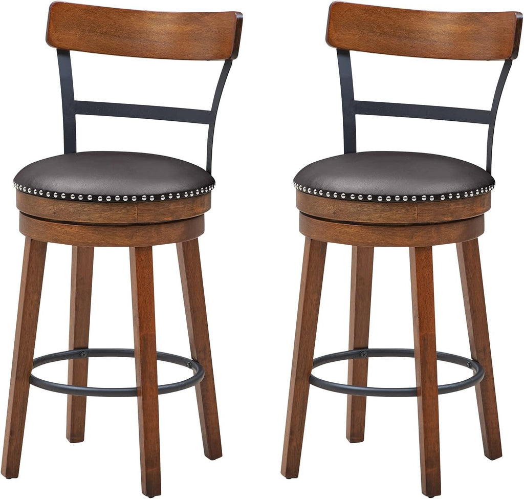 GIANTEX Bar Stools Set of 2-25.5" Counter Height Swivel Rubber Wood Barstools with Soft Padded Seat Cushions, Footrests, Easy Assembly Armless Farmhouse Kitchen Island Bar Chairs with Back, Brown