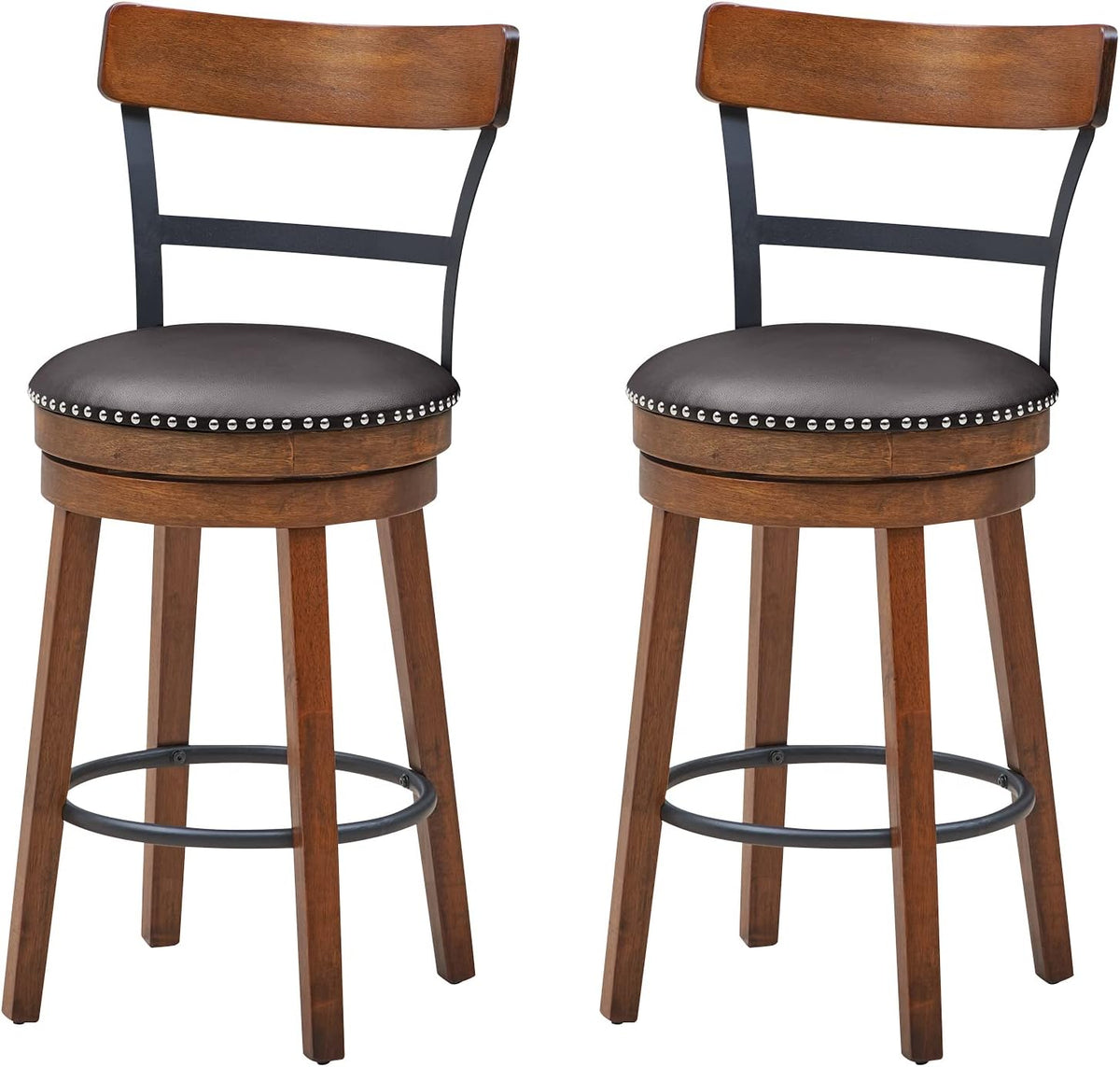 GIANTEX Bar Stools Set of 2-25.5" Counter Height Swivel Rubber Wood Barstools with Soft Padded Seat Cushions, Footrests, Easy Assembly Armless Farmhouse Kitchen Island Bar Chairs with Back, Brown
