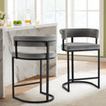 Set of 2 Grey Modern Velvet Bar Stools with Barrel Backrest, Upholstered Seat, and Black Metal Footrest – 25.6-Inch Seat Height, Ideal for Counters, Home Bars, and Kitchen Islands