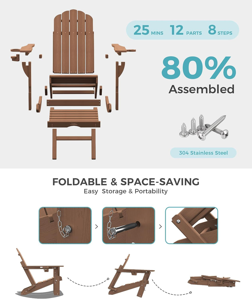 Ciokea Adirondack Rocking Chair with Footrest, Foldable HDPE Rocker (Teak)