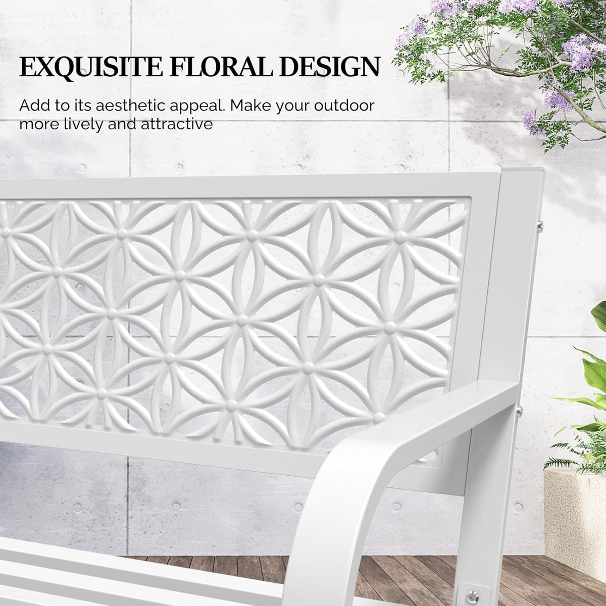 VINGLI 50" Outdoor Bench Metal with Floral Back, Garden Bench Front Porch Bench for Yard Patio Entryway Park Outside, 800lb Capacity - White