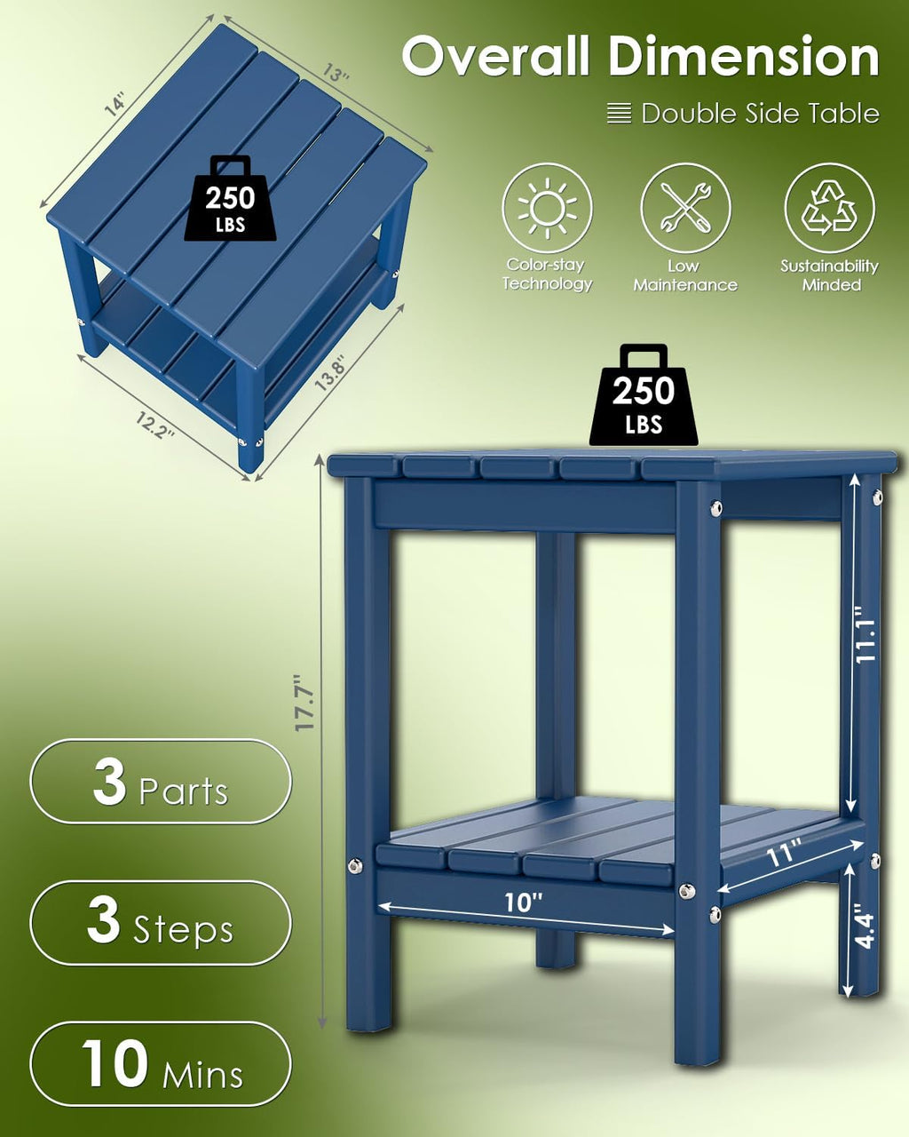 GREENVINES Outdoor Side Table, HDPE 2-Tier Adirondack Tables, Blue