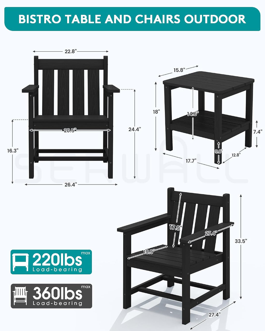 SERWALL 3 Pieces Patio Bistro Set-Outdoor Chairs with Side Table,Black