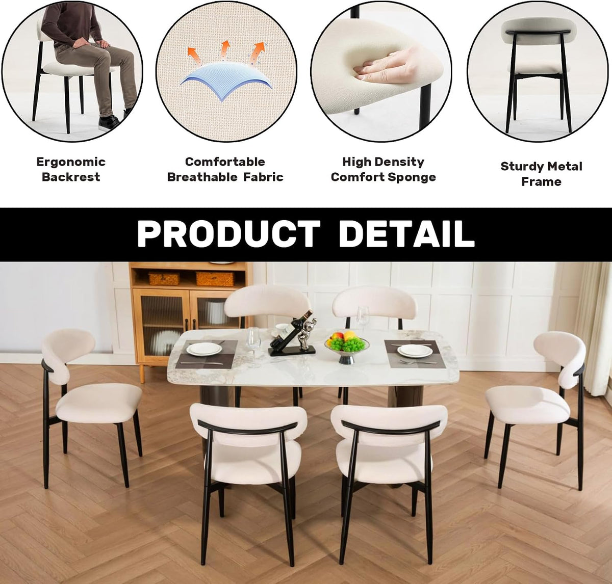 UVV Dining Chairs Set of 8, Metal Kitchen Chairs with Modern Fabric Upholstered for Dining Room, Beige