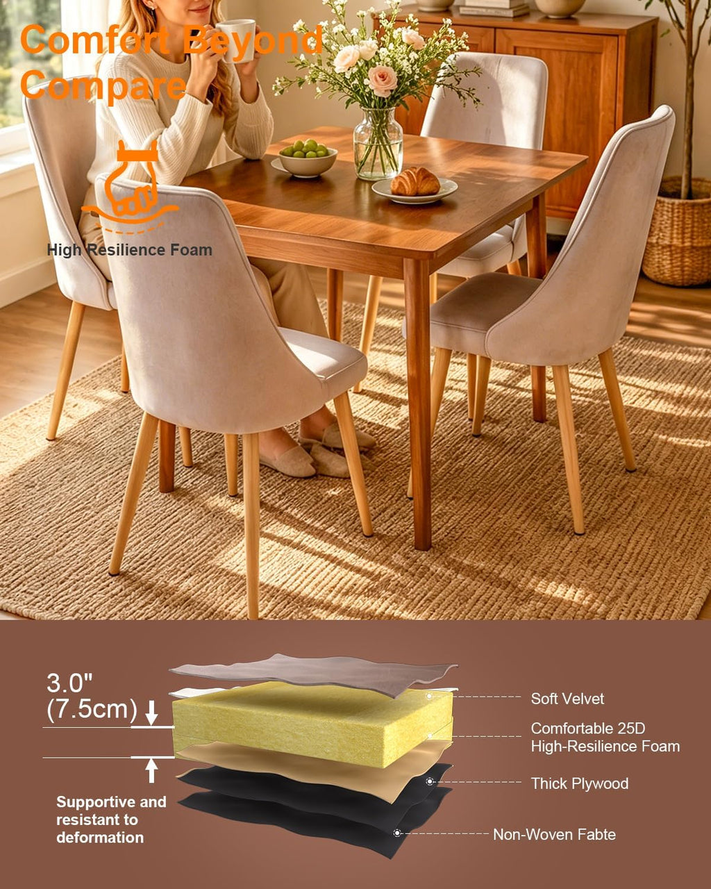 Mid-Century Modern Dining Chairs Set of 2 Grey Velvet Upholstered High Back Accent Chairs with Solid Sturdy Legs Ergonomic Curved Backrest Kitchen Chairs for Dining Room/Kitchen/Living Space