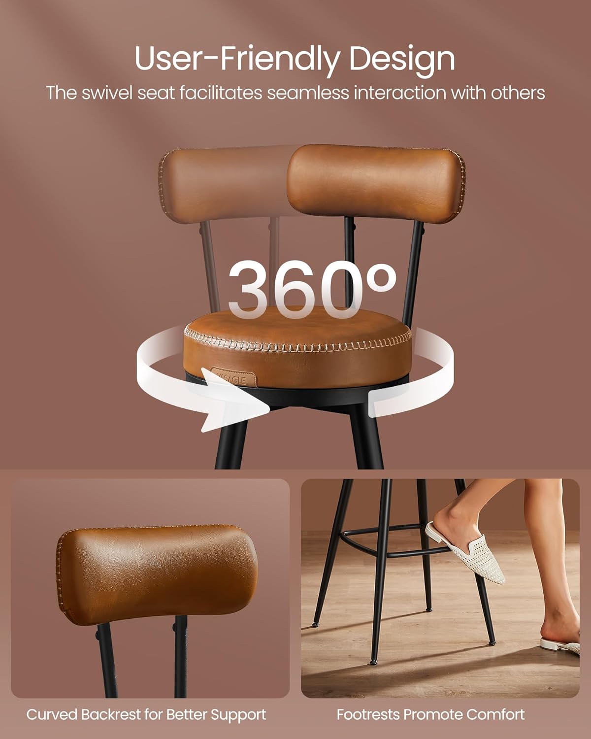 VASAGLE Bar Stools Set of 2, Swivel Bar Height with Back, 30-Inch