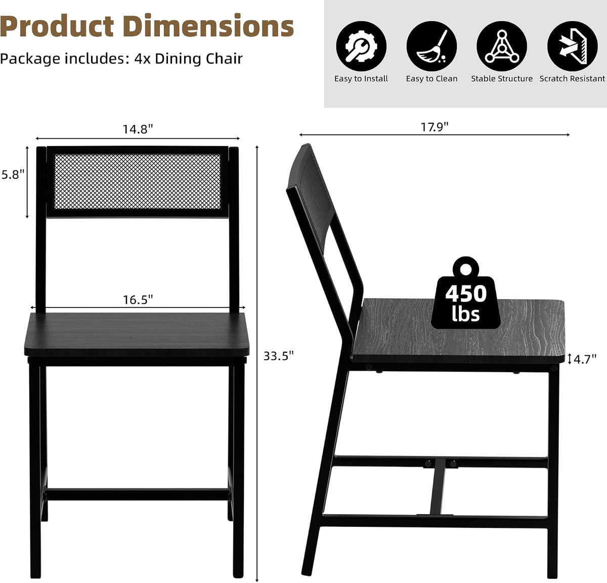 DHZ Dining Chairs Set of 4, Industrial Metal Mesh Dining Room Chairs with Breathable Grid Backrest & Sturdy Steel Frame, Modern Black Kitchen Chairs for Dining Table, Living Room, Apartment (Black)