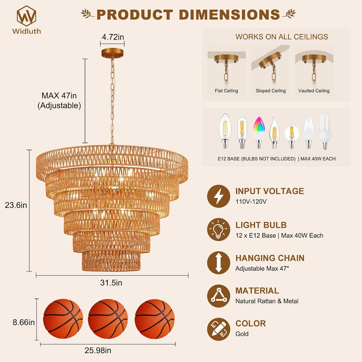 31.5" large gold rattan chandelier, 12-light hand-woven 6-tier shown in use
