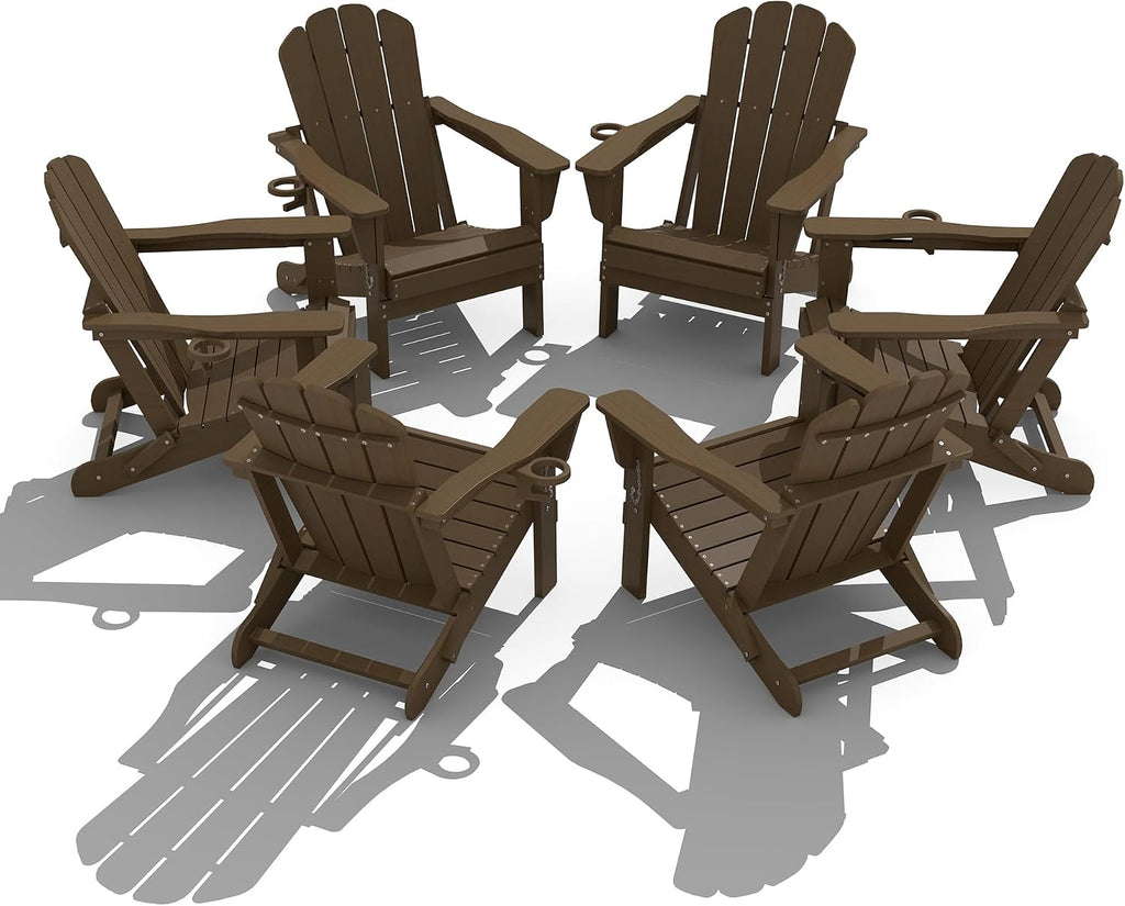 Domi Folding Adirondack Chair Set of 6, HDPE All-Weather Adirondack Chairs with Cup Holder, Outdoor Plastic Fire Pit Chairs Wood Texture for Poolside, Patio, Backyard, Deck (Khaki)
