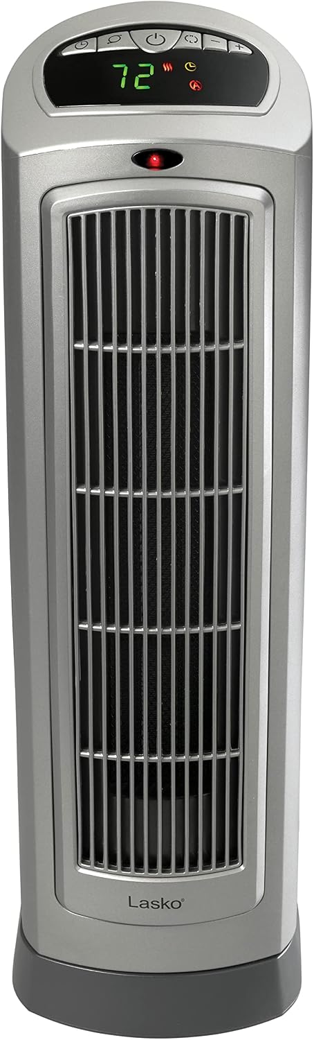 Lasko Oscillating Digital Ceramic Tower Heater for Home with Adjustable Thermostat, Timer and Remote Control, 23 Inches, 1500W, Silver, 755320