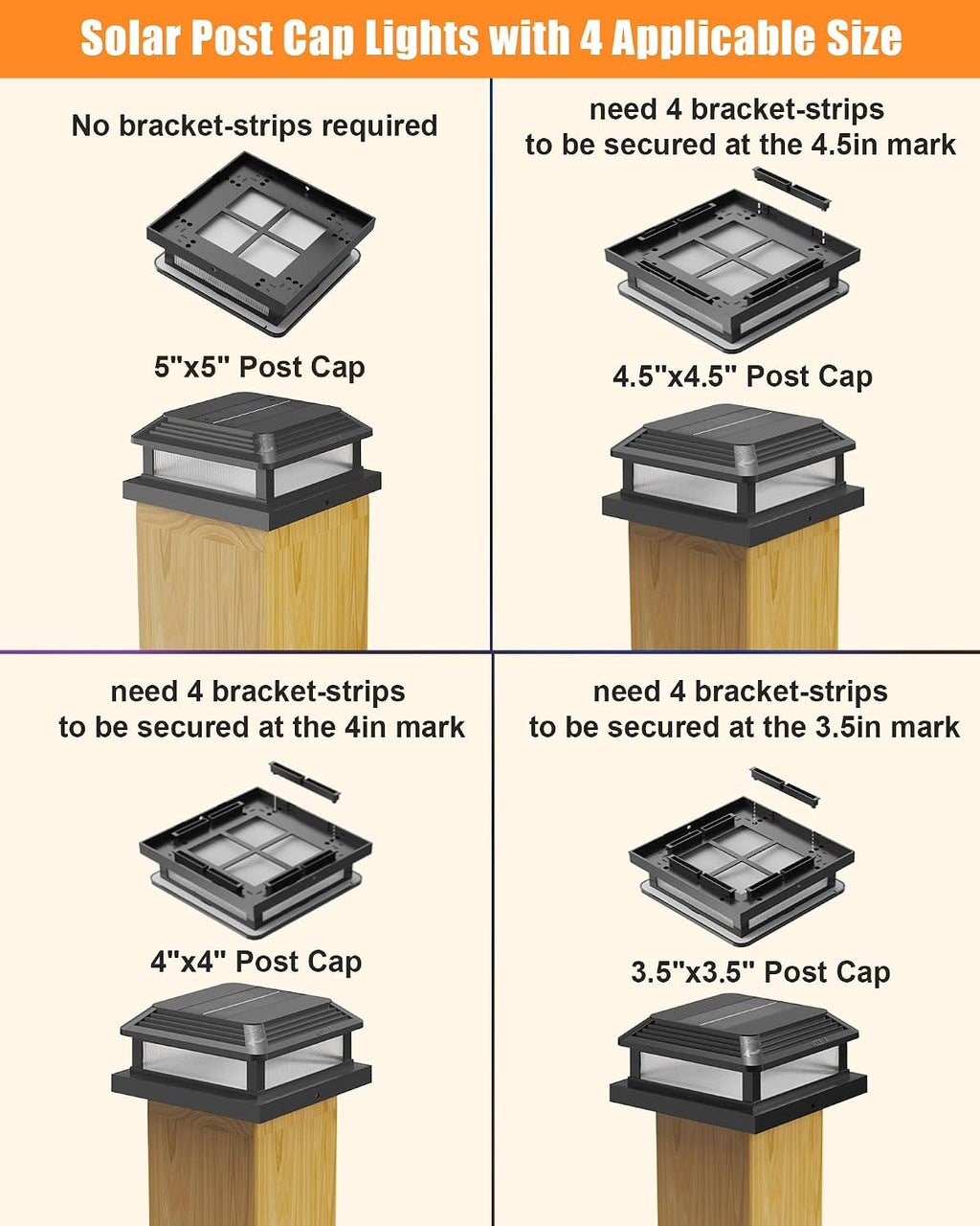 solar post cap lights, fits 5x5 4.5x4.5 4x4, side view