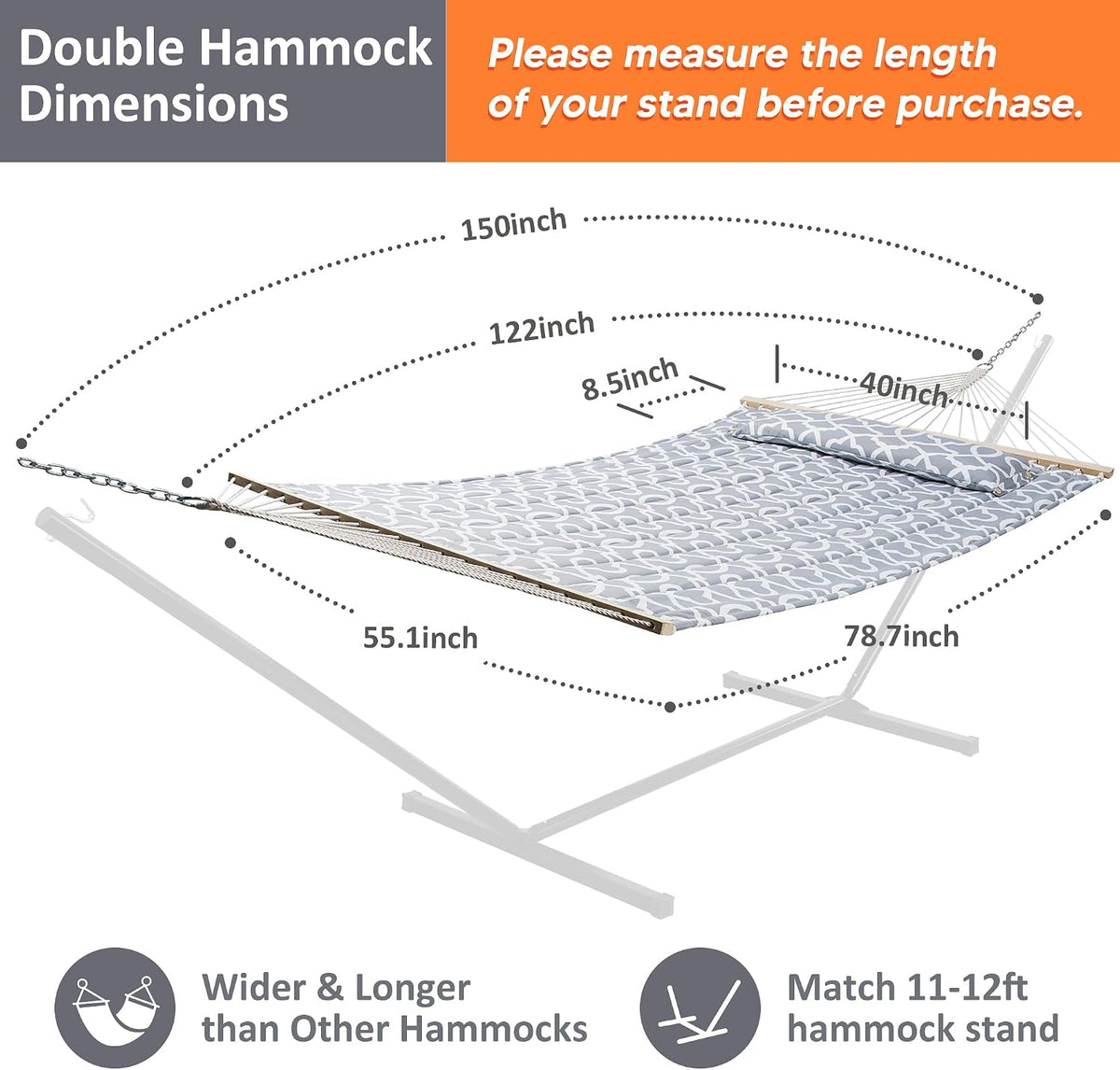 SUNCREAT Double Quilted Hammock with Hardwood Spreader Bar, Grey Pattern