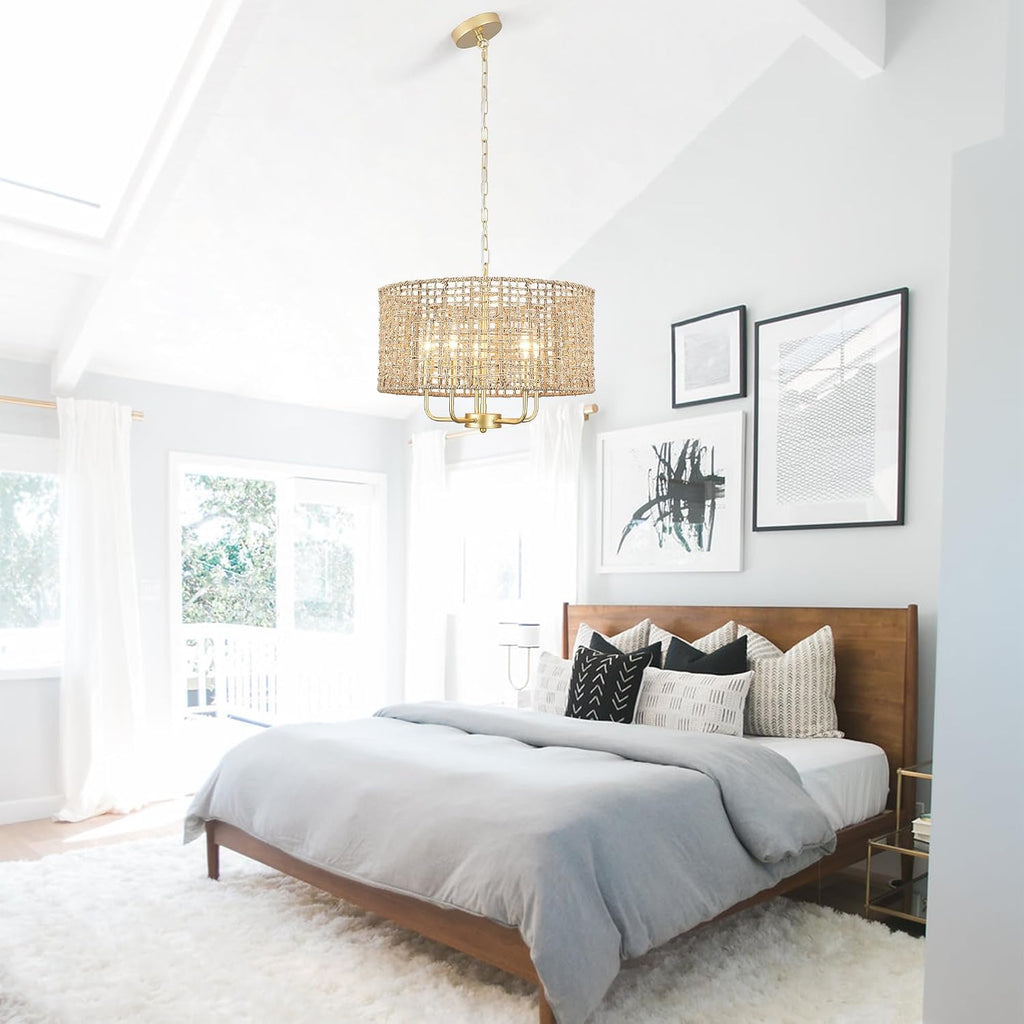 hand-woven rattan chandelier for dining room 18.8''farmhouse boho, close-up detail