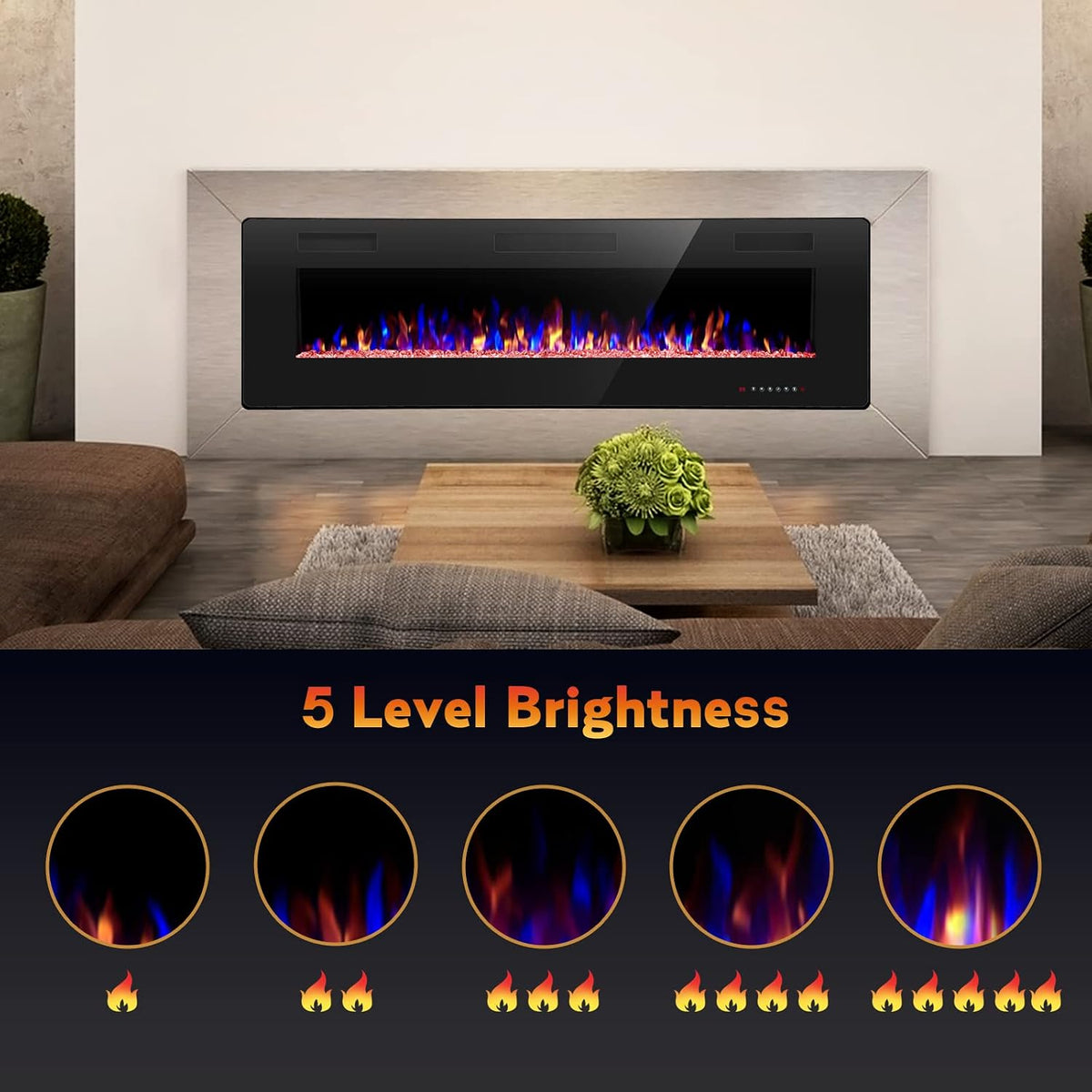 R.W.FLAME 60" Recessed and Wall Mounted Electric Fireplace, Low Noise, Fit for 2 x 6 Stud, Remote Control with Timer, Touch Screen, Adjustable Flame Color and Speed, 750-1500W