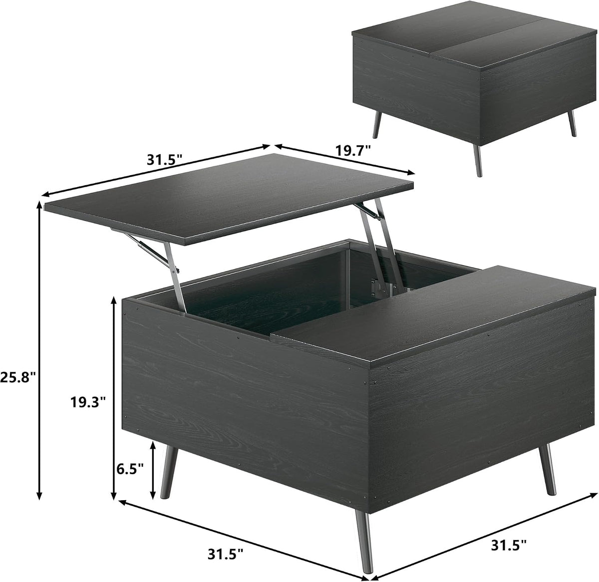HUAHUU Lift Top Coffee Table, 31.5" Square Coffee Tables with Storage, Coffee Table with Large Hidden Compartment, Center Table with Lifting Tabletop, for Living Room, Black