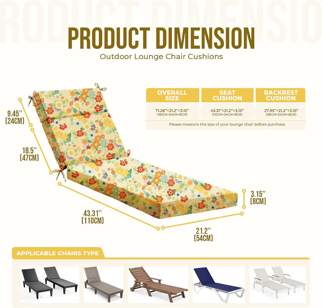 Outdoor Chaise Lounge Chair Cushions Waterproof 72x21x3 Daisy