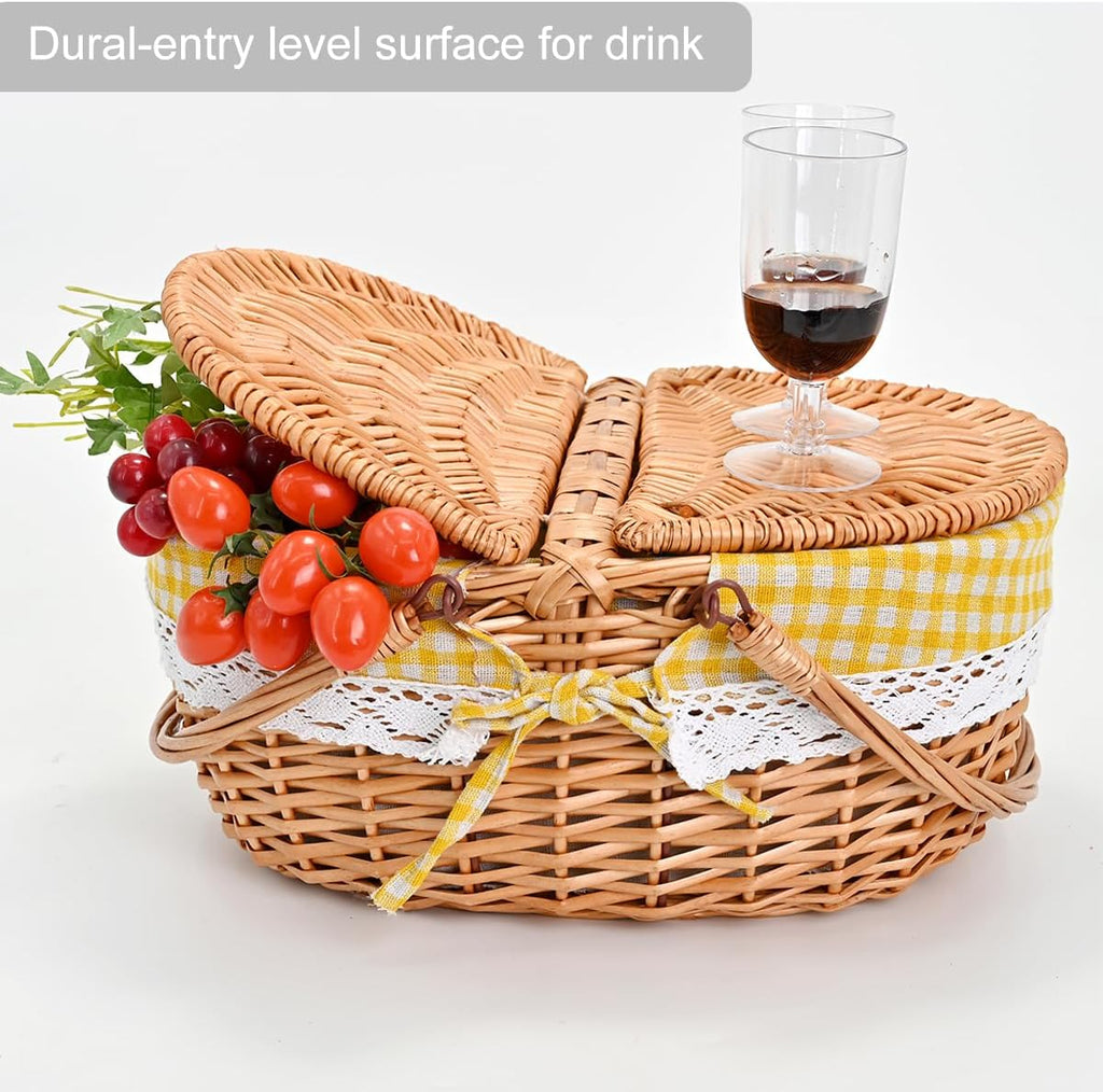 Large 15.4" Wicker Picnic Basket with Removable Liner Empty Picnic Baskets with Lid, Picnic Hamper with Foldable Handles for Picnic, Yellow Checkered, Large