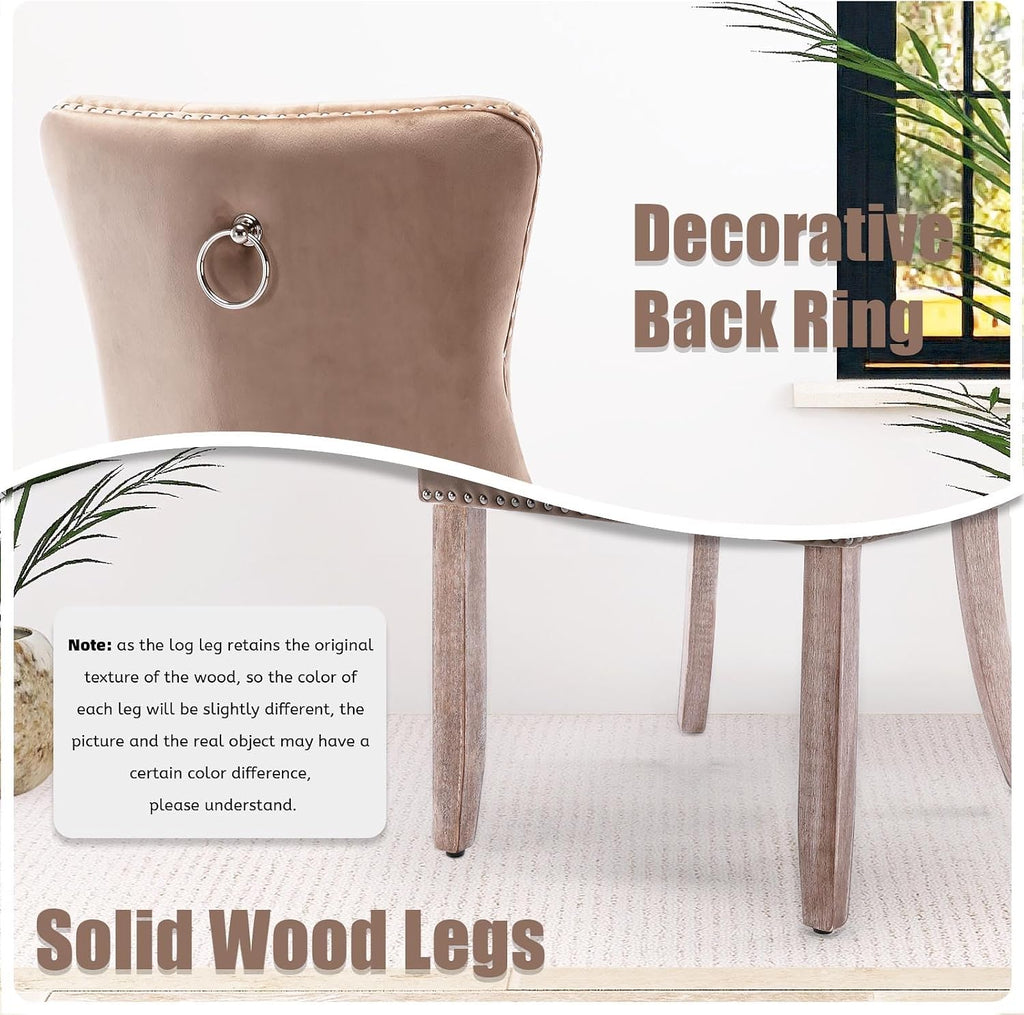 SoarFlash Velvet Dining Chairs Set of 2, Tall Back Side Chair, Modern Upholstered High-end Tufted Side Chair with Button Back Ring, Solid Wood Legs (Khaki)