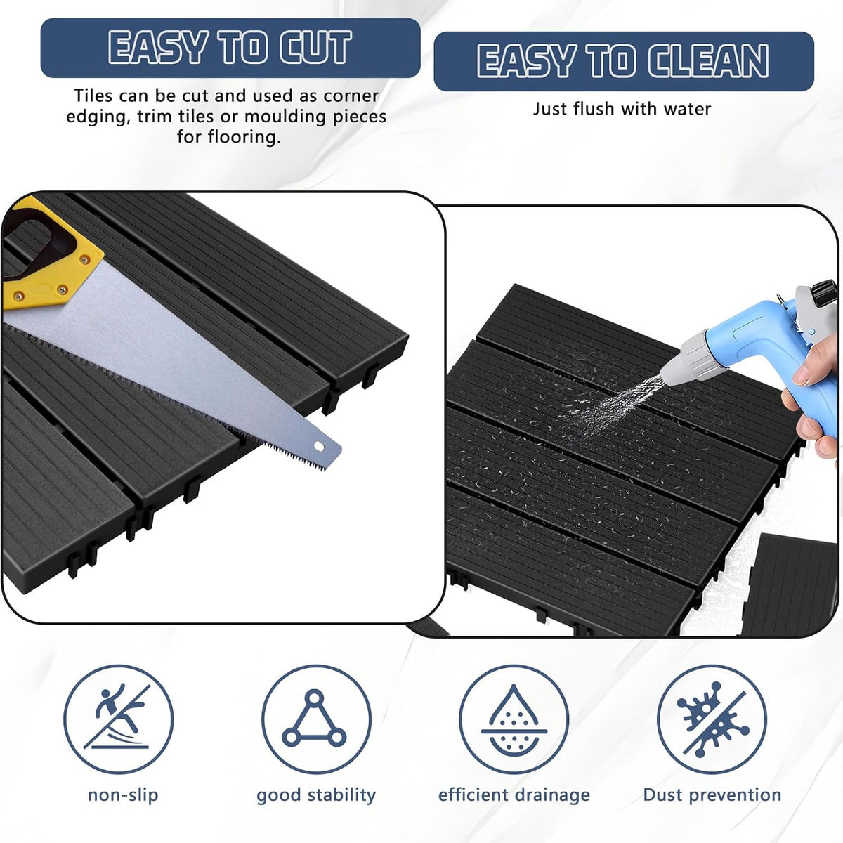 9 Pack Plastic Interlocking Deck Tiles, Patio Deck Tiles Waterproof Outdoor Flooring 12" x 12"All Weather Uses for Porch Poolside Balcony Backyard Pathway, Charcoal Gray