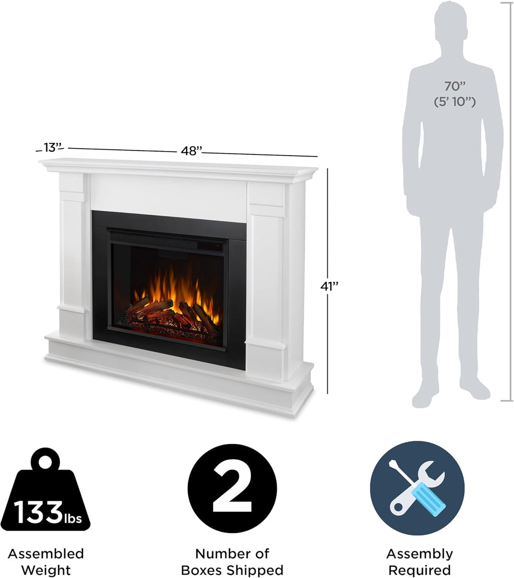 Real Flame Silverton 48” Electric Fireplace with Mantel for Living Room or Bedroom, Replaceable Fireplace Insert Heater, Realistic Log and Flame Effect, Remote Control, Timer, White