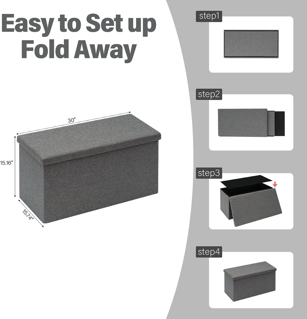 PINPLUS Folding Storage Ottoman Bench with Lid Tray, 30 inches Ottoman Coffee Table Grey Cube Chair Foot Rest Stool Storage Chest for Living Room Bedroom, Holds up to 550 lb