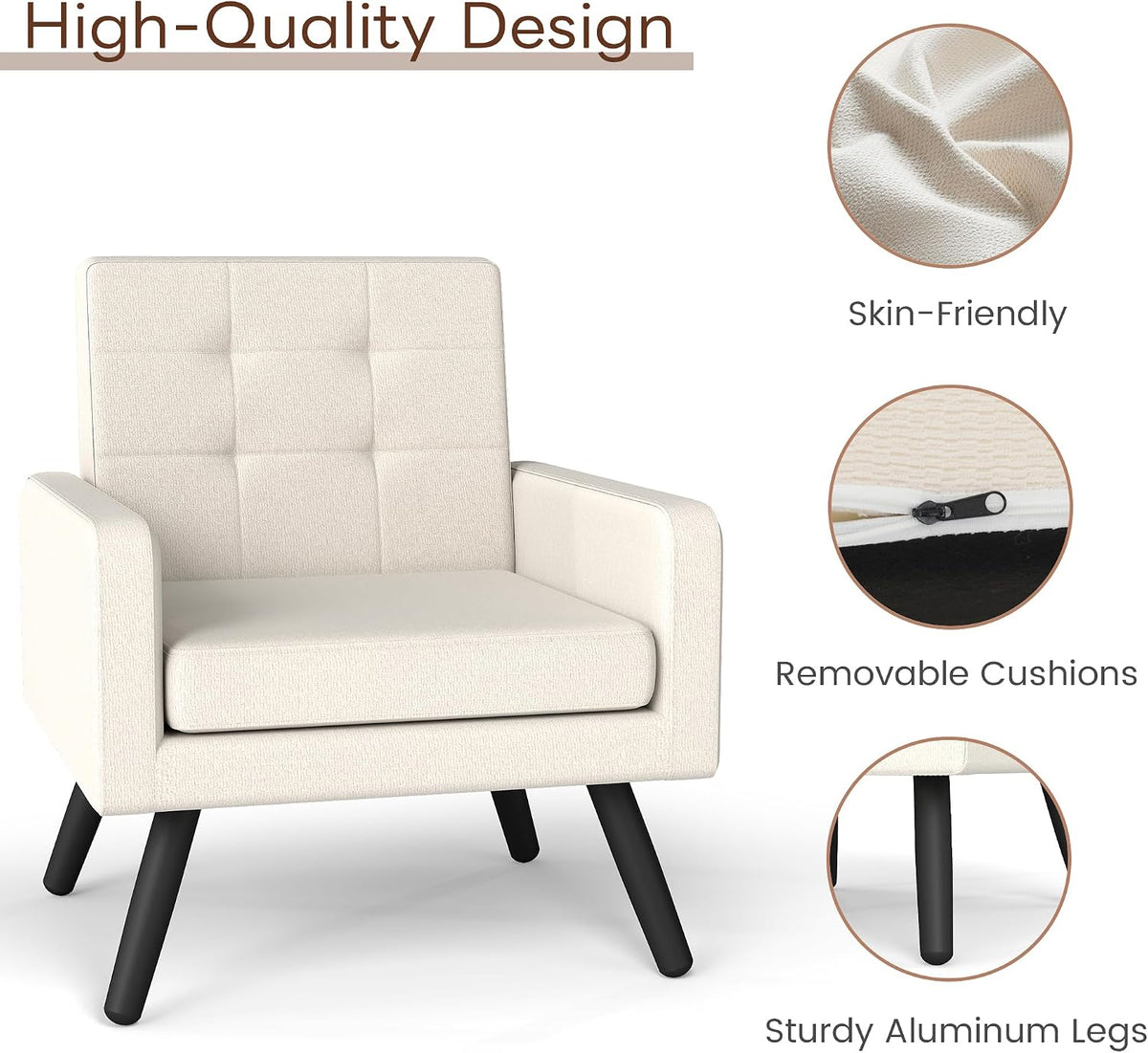 Accent Chair for Living Room, Comfy Upholstered Armchair, Cream