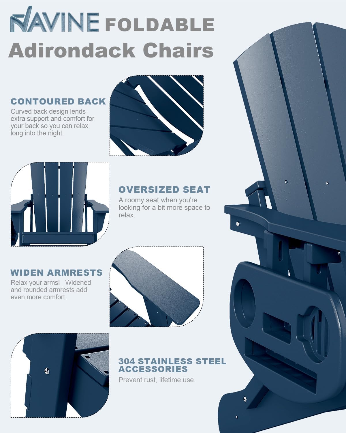 NAVINE Folding Adirondack Chairs Set of 4 with 4-in-1 Cup Holder, Navy Blue