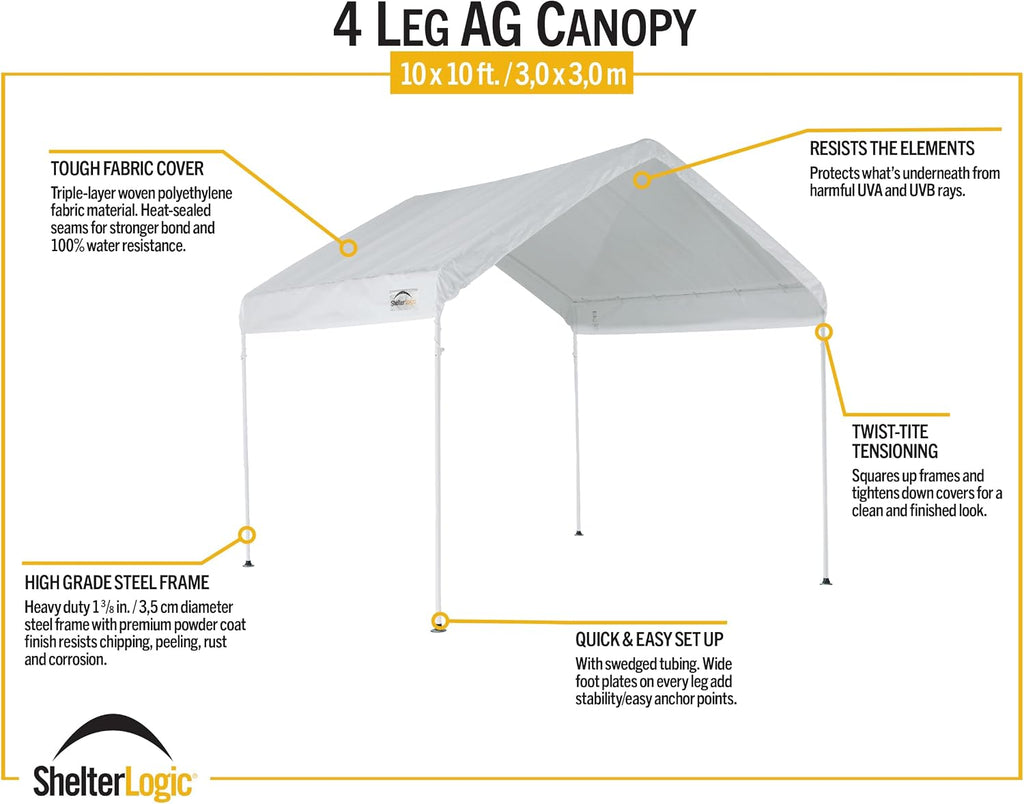ShelterLogic 10' x 10' MaxAP Canopy Series Compact Outdoor Easy to Assemble Steel Metal Frame Canopy with 50+ UPF Sun Protection and Waterproof Cover, White, 23521