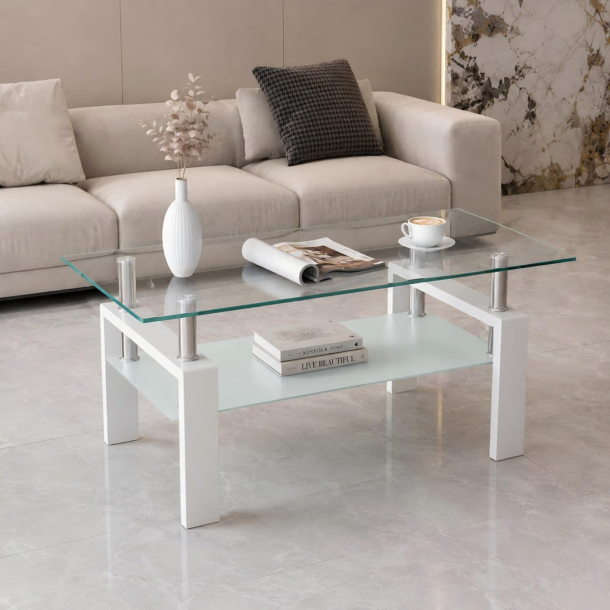 Glass Coffee Table for Living Room, Modern Coffee Table with Transparent Tempered Glass Top and White Metal Legs, Rectangle Tea Table for Home