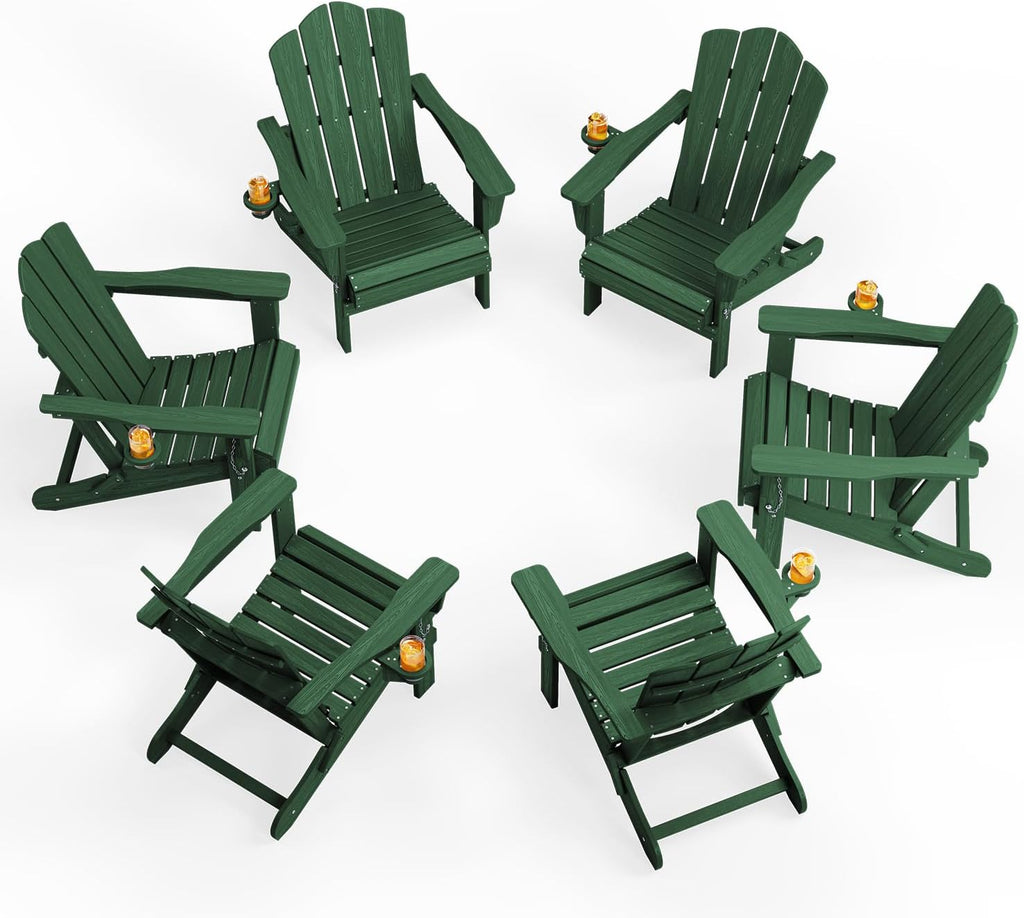 KINGYES Folding Adirondack Chair Set of 6 with Cup Holder, Green
