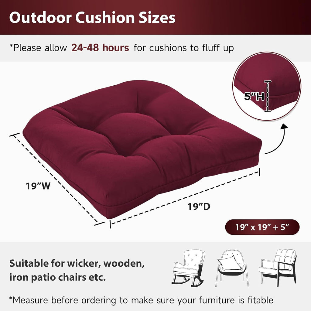 19x19 Outdoor Chair Cushions Set of 2, Tufted Wicker Patio Furniture Cushions, Thick Outdoor Seat Cushions for Lawn Chairs, Overstuffed and Water Resistant, Burgundy