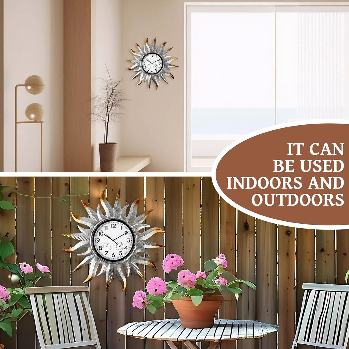 25-Inch Sun-Shaped Outdoor Clock and Thermometer Set, 10-Inch Dial, Battery Powered, Waterproof, Silent Quartz Movement (Silver)