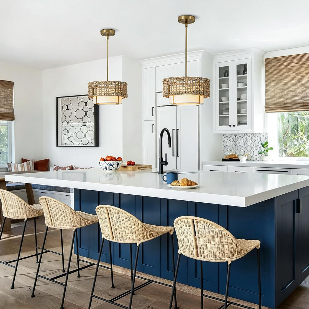 12.6" rattan pendant light, boho chandelier for kitchen, side view