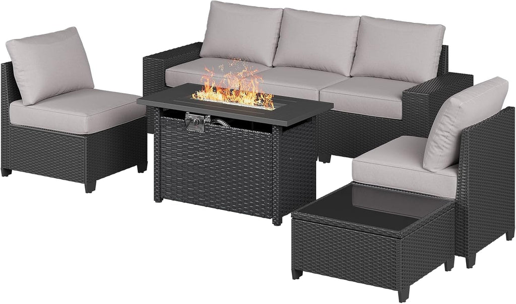 Aoxun Outdoor Patio Furniture Set with 44'' Fire Pit Table, 7 Pcs Outdoor Sectional with 4in Thicken Cushion, Widen Armrests Wicker for Backyard, Grey