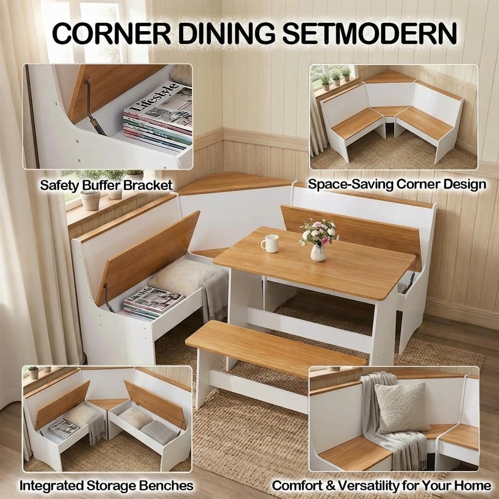 Farmhouse Breakfast Nook Table Set, Dining Nook Set with Corner Bench,with Storage Function Mid Century Modern Small Dining Table Set, Kitchen Table Corner Set (White + Natural)