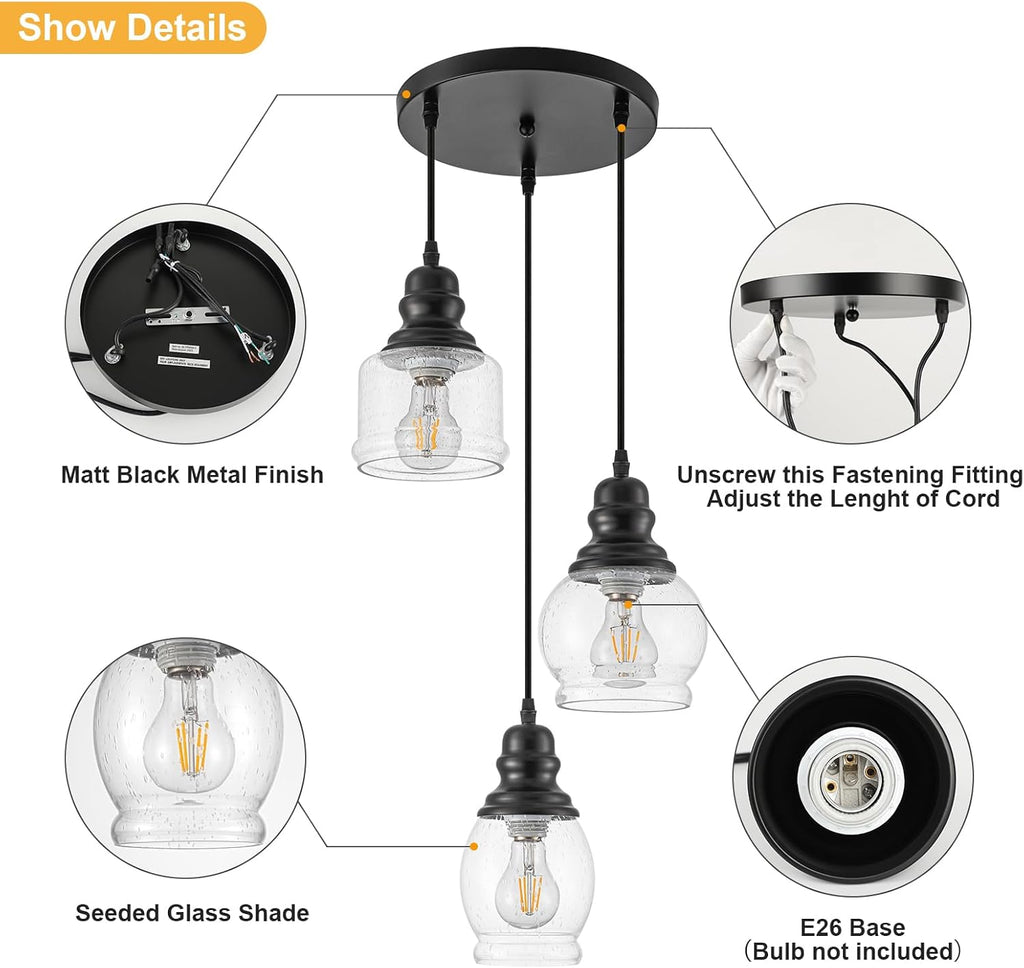 WILON 3 Light Seeded Glass Mini Pendant Lights Kitchen Island