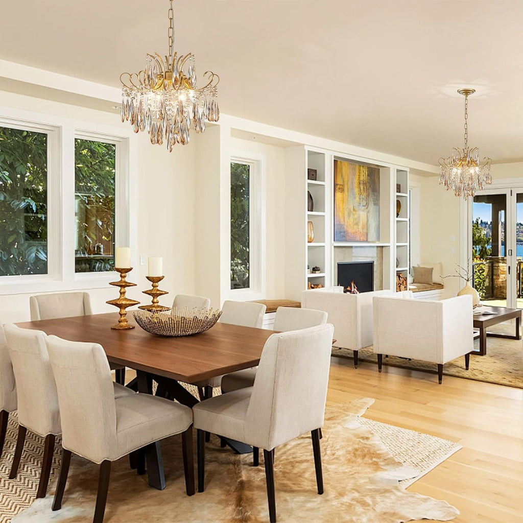 gold crystal chandeliers for dining room 4-light modern, front angle view