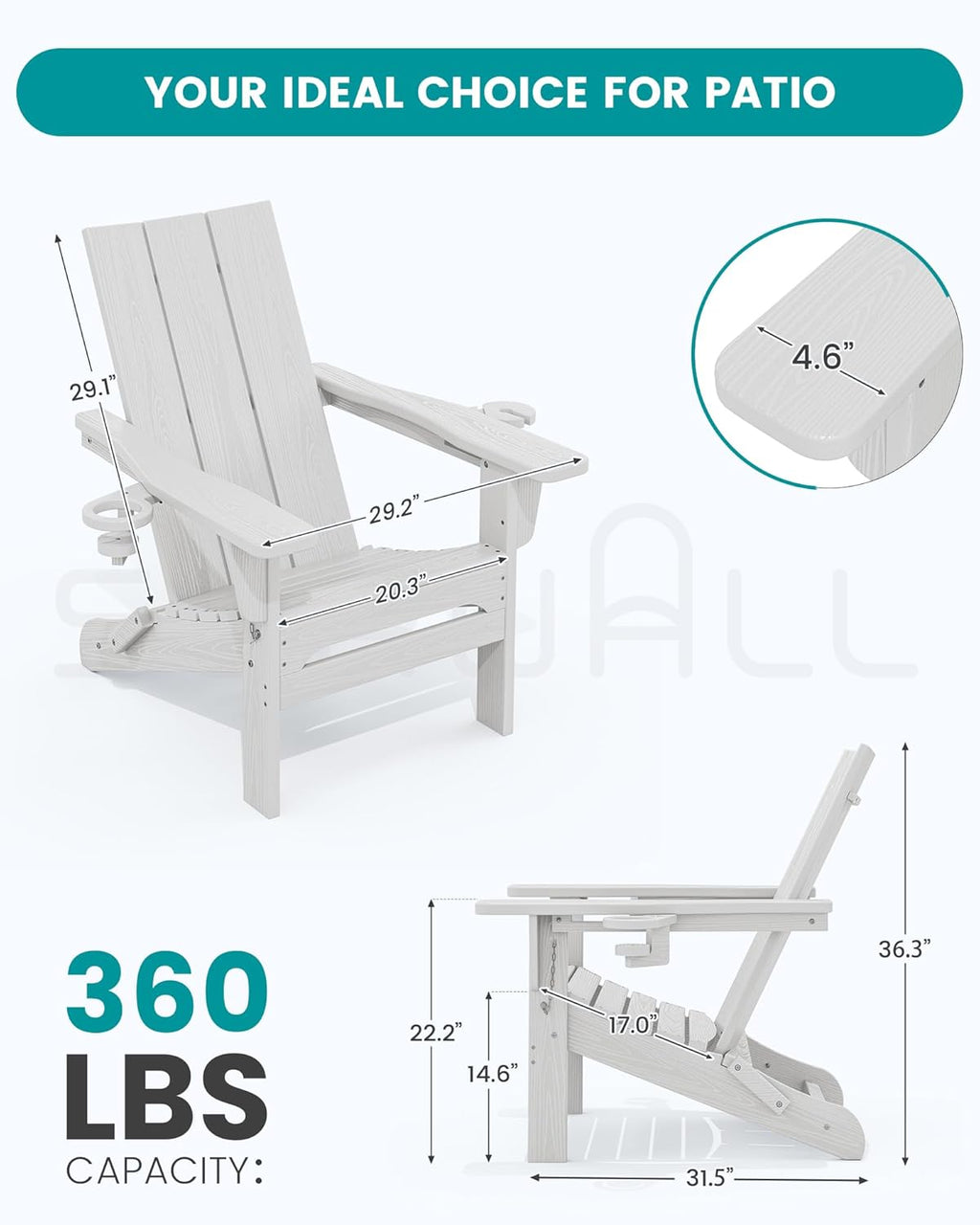 SERWALL Modern Folding Adirondack Chairs Set of 6, HDPE, Cup Holders, White