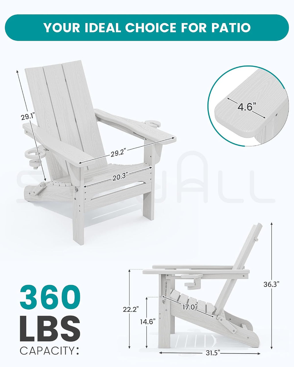 SERWALL HDPE Modern Folding Adirondack Chair with Dual Cup Holder, White