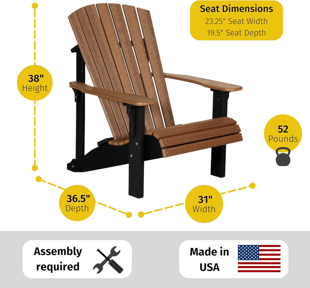 LuxCraft Plastic Poly Deluxe Adirondack Chair, Outdoor Patio Chair for Lawn and Garden - Amish Made in USA (Coastal Gray & Black)