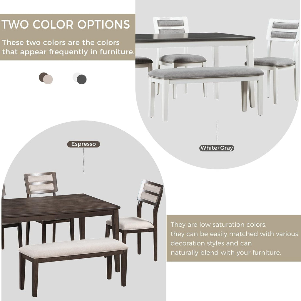 Harper & Bright Designs Classic and Traditional Style 6 - Piece Dining Set, Includes Dining Table, 4 Upholstered Chairs & Bench (White+Gray), (ST000043AAK-MZJ)