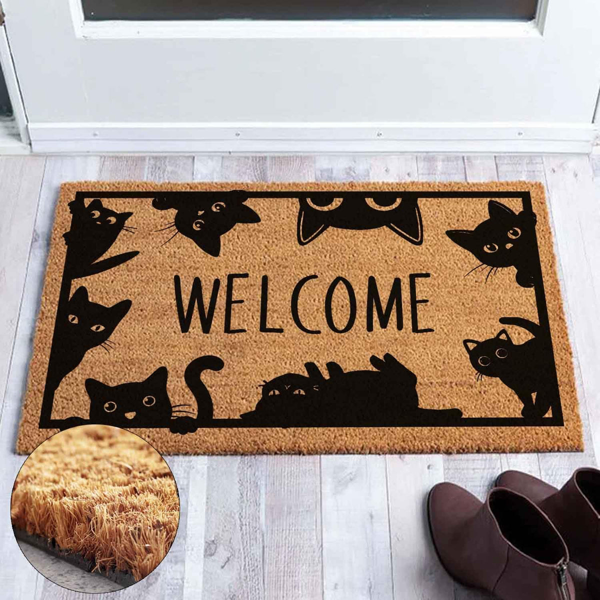 Cute Peeking Cat Welcome Doormat, 23.6 x 15.7 Inch, Water Resistant, Modern Style, Flat Woven, Spot Clean Only