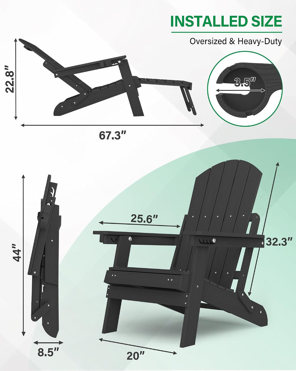 YEFU Adjustable Adirondack Chair with Footrest,All-Weather, Set of 2,Black