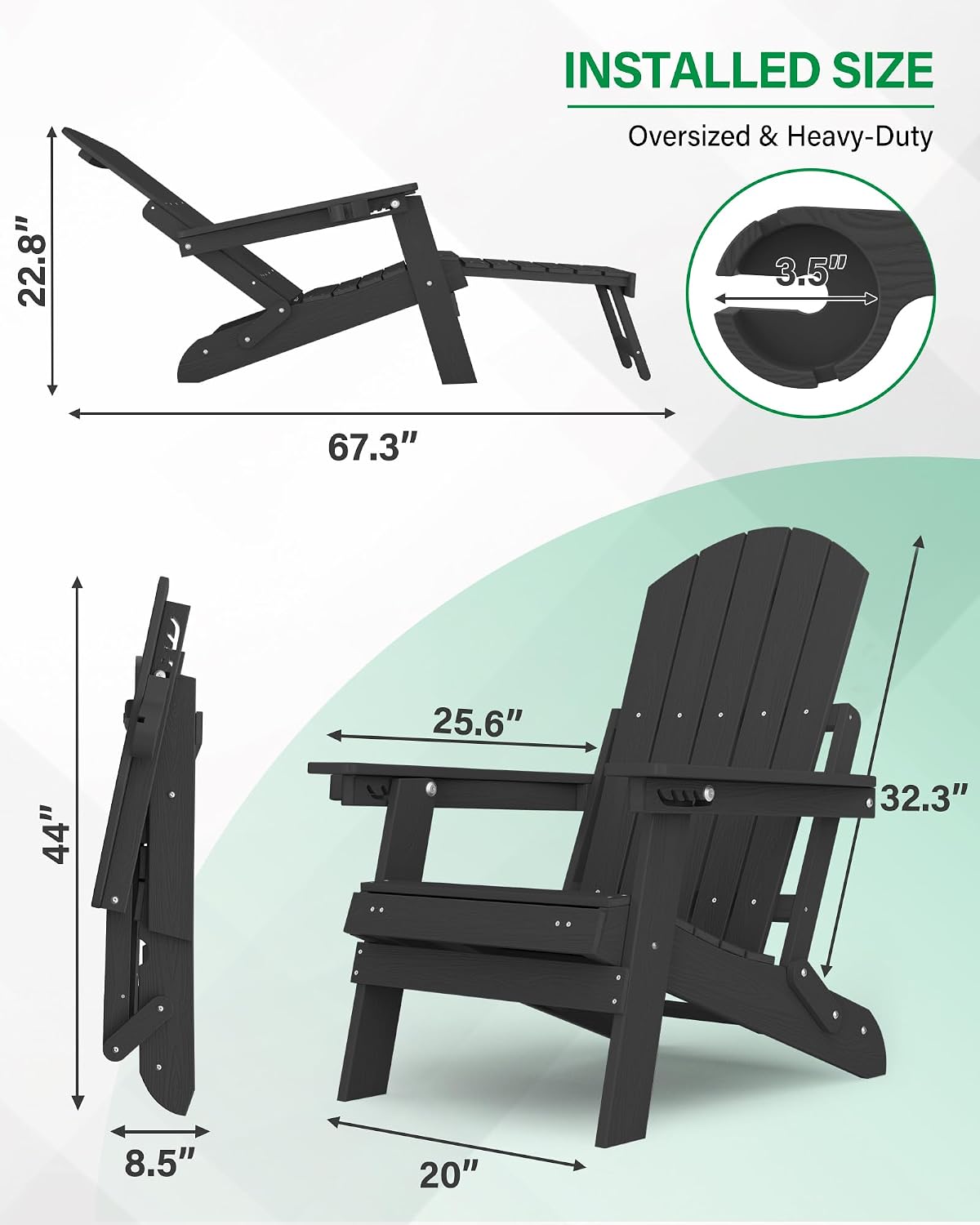 YEFU Adjustable Adirondack Chair with Footrest,All-Weather, Set of 2,Black