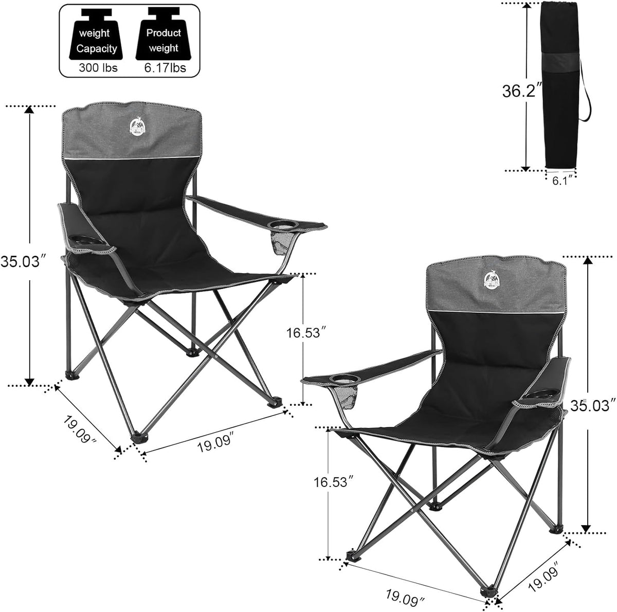 Northroad Outdoor Camping Chair Set of 3,Folding Padded Camp Chair w/1 Sofa,2 Single Chairs,Collapsible Conversation Set for Family Patio, Beach (Black)