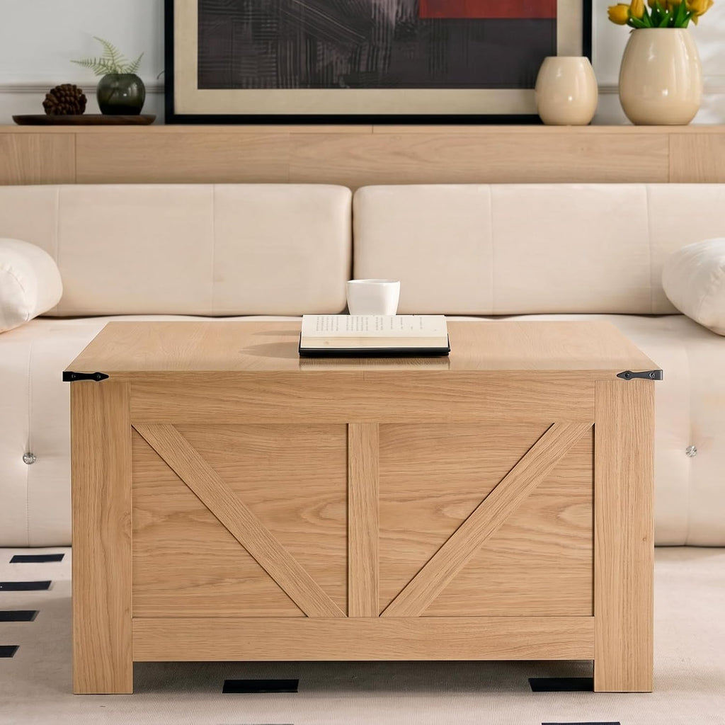 OKYCI Farmhouse Coffee Table for Living Room, Wood Square Coffee Tables, 31.5" D x 31.5" W, Natural Oak