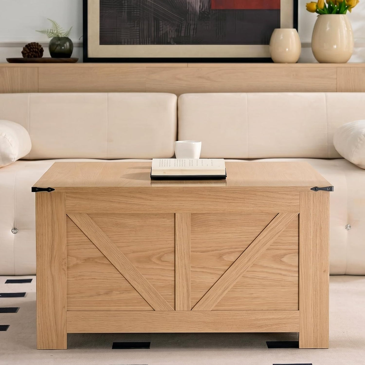 OKYCI Farmhouse Coffee Table for Living Room, Wood Square Coffee Tables, 31.5" D x 31.5" W, Natural Oak