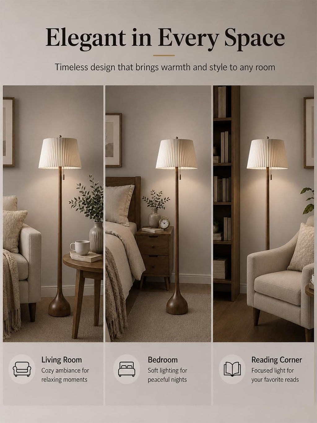 MOFFE Mid Century Modern Real Wood Floor Lamp with Remote, 2 Shades