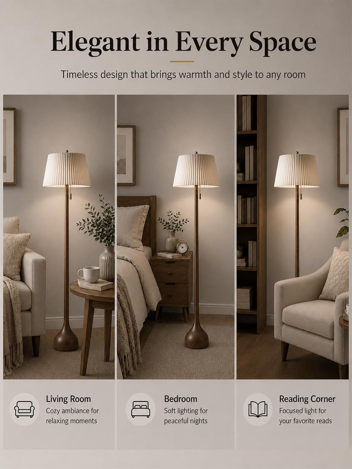 MOFFE Mid Century Modern Real Wood Floor Lamp with Remote, 2 Shades