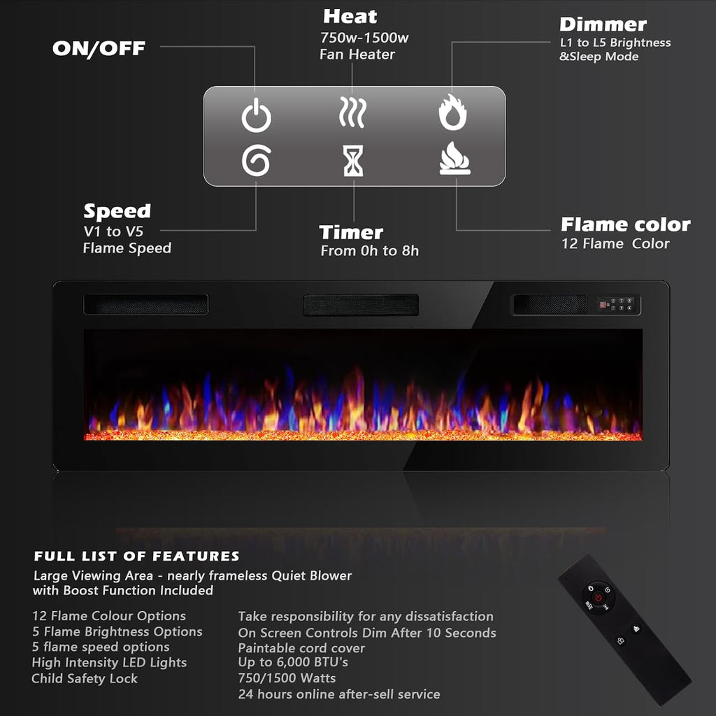 60 inch Ultra-Thin Silence Linear Electric Fireplace, Recessed Wall Mounted